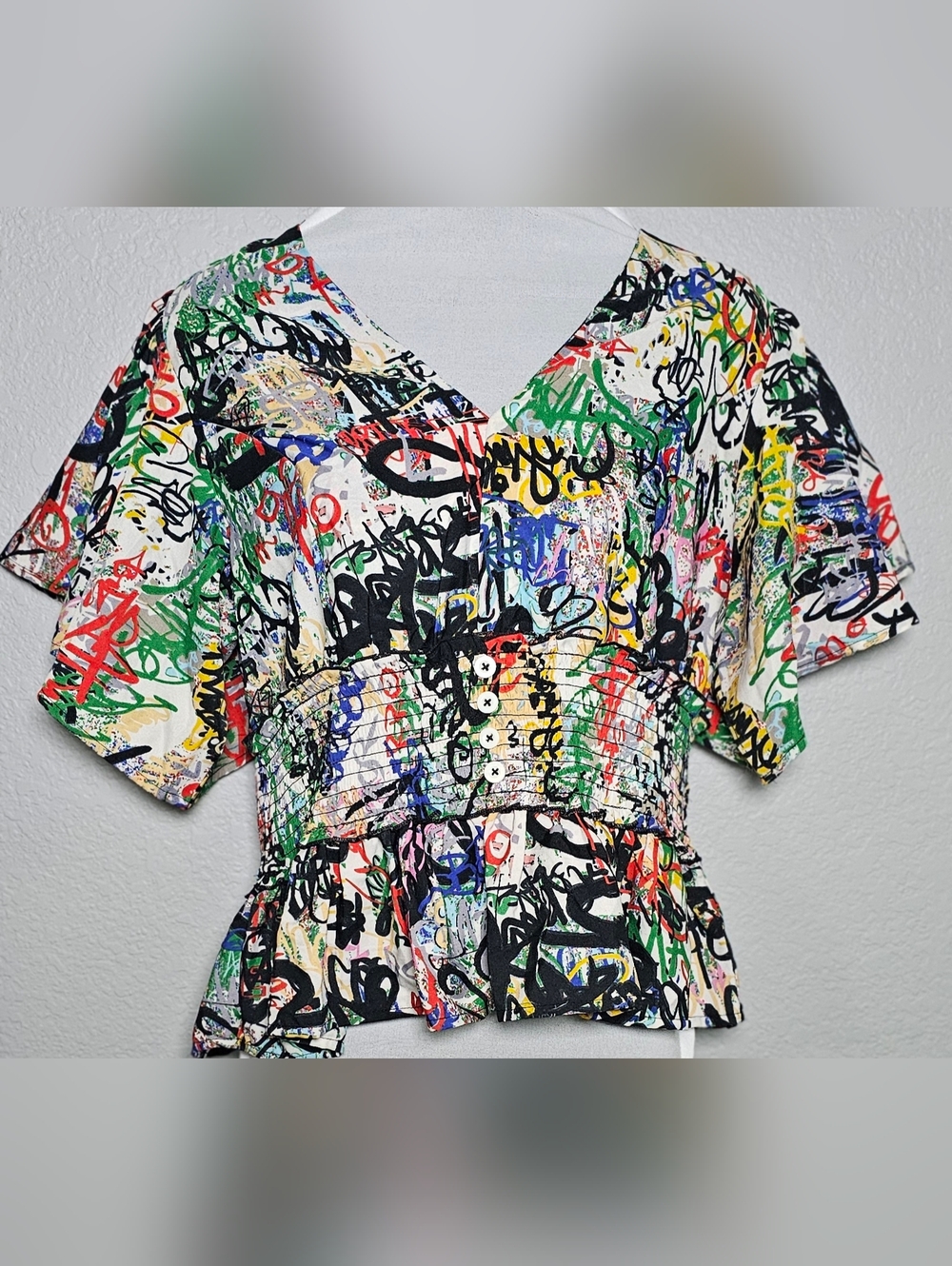 Y2K Graffiti Print Peplum Top Women L Streetwear Abstract Graphic Blouse